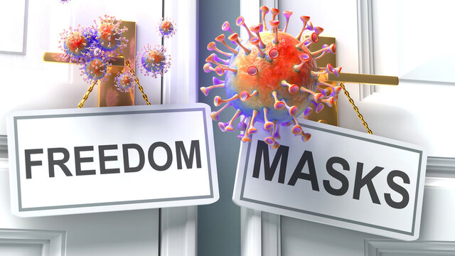 Covid freedom or masks - virus pandemic outcome and two future alternatives presented as 'freedom' and 'masks' door handle labels, 3d illustration