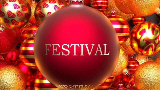 Christmas Festival - dozens of golden rich and red Holiday ornaments with a Festival red ball in the middle, 3d illustration