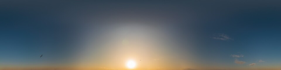 Dark blue sunset sky pano with Cirrus clouds. Seamless hdr panorama in spherical equirectangular format. Complete zenith for 3D visualization, game and sky replacement for aerial drone 360 panoramas.