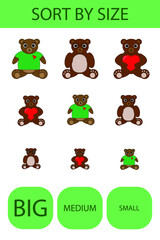 Fototapeta premium Match the toys bears by size large, medium and small. Children's educational game.