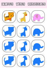 Find a shadow  tiger, giraffe, elephant. Match   toy  with correct shadow Preschool worksheet, kids activity worksheet, printable worksheet