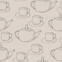 cups and teapot seamless pattern. hand drawn doodle vector. wallpaper, tablecloth, menu, wrapping paper, textiles, fabric. scandinavian, nordic, . dishes, kitchen, tea, coffee, drinks.