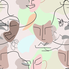 One line drawing. Abstract face seamless pattern.