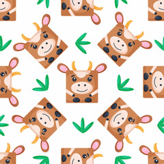 Squares cow Seamless pattern. Vector Background with the faces of cow. Template for the packaging, baby textile