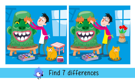 Sculptor decorator sculpts monster. Find 7 differences. Game for children. Activity, vector.