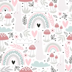Lente naadloze patroon met cartoon konijn, bloemen, regenboog, decorelementen. kleurrijke vector voor kinderen. handtekening, vlakke stijl. Babyontwerp voor stof, print, textiel, wikkel
