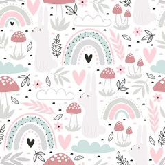 Behang Lente naadloze patroon met cartoon konijn, bloemen, regenboog, decorelementen. kleurrijke vector voor kinderen. handtekening, vlakke stijl. Babyontwerp voor stof, print, textiel, wikkel © Ann1988