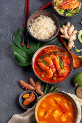 Traditional Thai food on dark background.