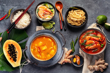 Traditional Thai food on dark background.