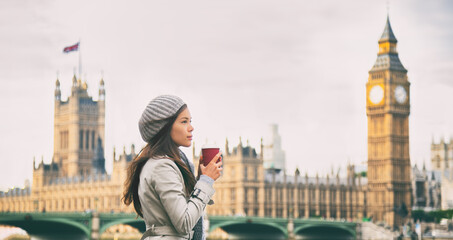 London Asian woman drinking coffee during coronavirus UK travel. Serious professional businesswoman...