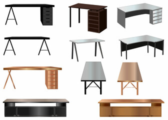 Set of office desks.Black & white furniture clip art.Office table view from different angle