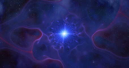 Obraz premium Allegory of birth of a new star. Christmas star. Abstract fractal space with shining stars and atmosphere. Digital art. Raster fractal graphics. 3d rendering.