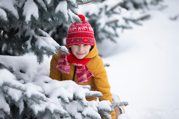 Handsome little boy among the spruce branches covered with snow. Child in winter.