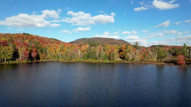 Aerial view Adirondack Lake with Clear blue sky and fall changing leaves