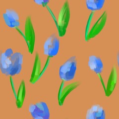 Blue abstract tulips on a yellow background for textiles. Seamless pattern for wallpaper.