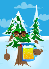Cartoon winter pine trees with faces drinking beer. Cute forest trees. Snow on pine cartoon character, funny holiday vector illustration.