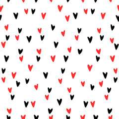 Vector Seamless abstract pattern of small red black hearts. Hand drawn doodle background, texture for textile, wrapping paper, Valentines day.