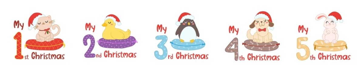 Baby Christmas with cartoon animals and numbers. Cute cat, duck, penguin, rabbit and dog in scandinavian style for greeting holidays, sublimation and print. Baby animals set in santa hat.