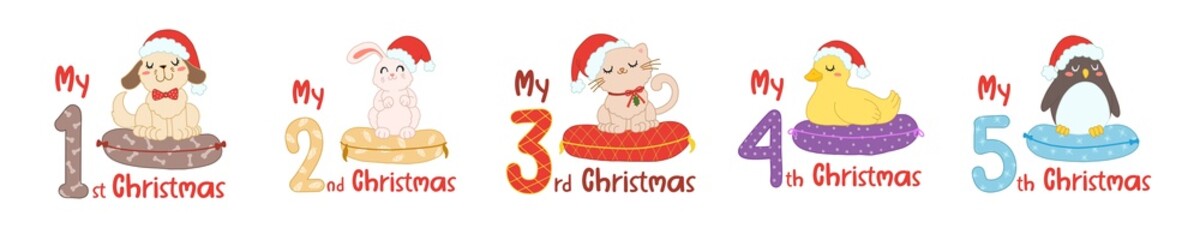 Baby Christmas with cartoon animals and numbers. Cute cat, duck, penguin, rabbit and dog in scandinavian style for greeting holidays, sublimation and print. Baby animals set in santa hat.