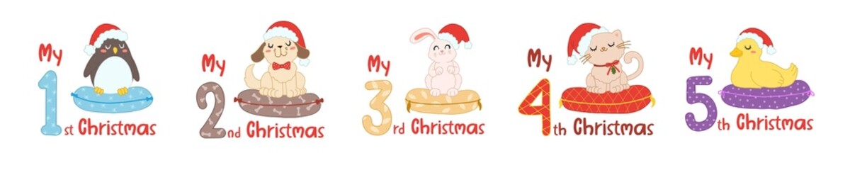 Baby Christmas with cartoon animals and numbers. Cute cat, duck, penguin, rabbit and dog in scandinavian style for greeting holidays, sublimation and print. Baby animals set in santa hat.