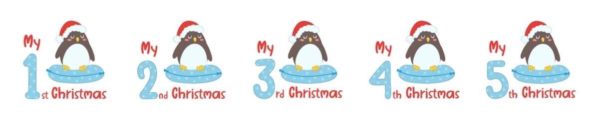 Baby Christmas set with cartoon animals and numbers. Cute penguin in scandinavian style for greeting holidays, sublimation and print. Baby animals in santa hat.