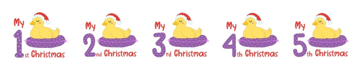 Baby Christmas set with cartoon animals and numbers. Cute duck in scandinavian style for greeting holidays, sublimation and print. Baby animals in santa hat.