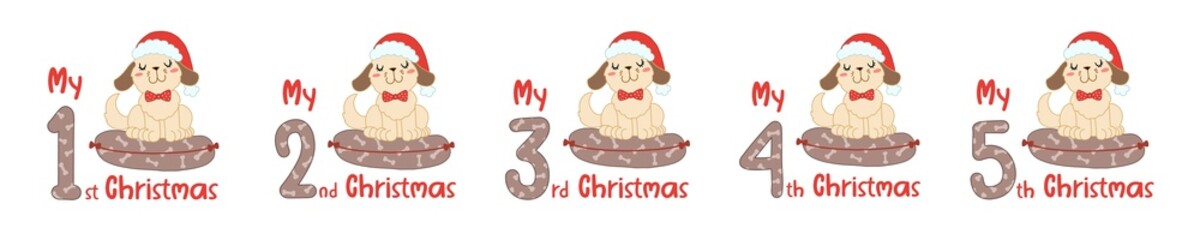 Baby Christmas set with cartoon animals and numbers. Cute dog in scandinavian style for greeting holidays, sublimation and print. Baby animals in santa hat.