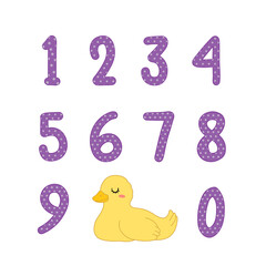 Funny vector set with violet numbers in dots and duck. Childish style cartoon figures. Birthday consept.