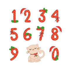 Funny vector set with red numbers and cat. Childish style cartoon figures. Birthday and christmas consept.