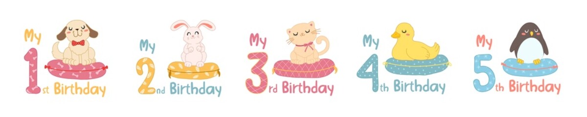 Baby birthday with childish numbers and cartoon animals. Set of cute figures with cat, dog, duck, rabbit and penguin in scandinavian style for design birthday party, decorate nursery, sublimation.
