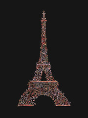 Stylized Eiffel Tower landmark in Paris, . Floral Ornament. Sketch for your design