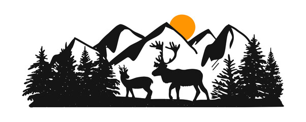 Fototapeta premium silhouette of deer on the background of mountains and forest vector. mountain landscape vector silhouette. forest landscape with mountains and wild animals. Vector graphics. eps