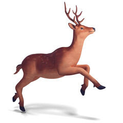 Young sika deer with antlers jumping on a white background 3d illustration