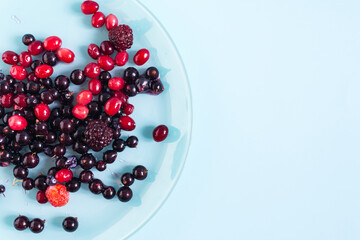 The concept of using quick-frozen products, a mixture of thawed berries on a light plate of kopi space.