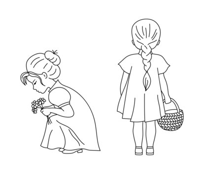 Vector black and white girl with flowers illustration. Cute outline kid doing garden work in different poses. Spring line gardening activity picture for coloring page isolated on white