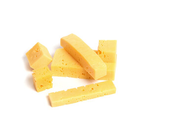 Slices of sliced cheese on a white background.