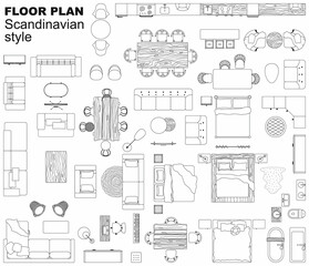 Set top view for interior icon design. Floor plan.
Architecture plan with furniture in top view. The layout of the apartment, technical drawing  kitchen, living room and bedroom. Vector Illustration. - 477414466