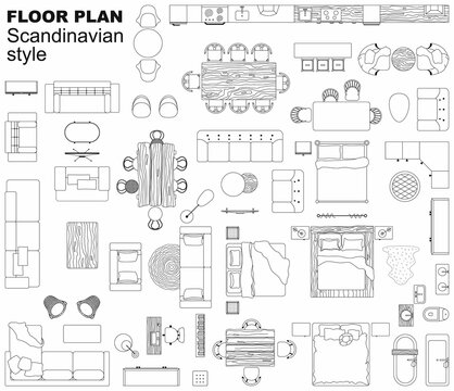 Set top view for interior icon design. Floor plan.
Architecture plan with furniture in top view. The layout of the apartment, technical drawing  kitchen, living room and bedroom. Vector Illustration.