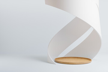 Wood podium minimal on white color background, Display for cosmetic perfume fashion natural product, simple clean design, luxury minimalist mockup - 3D illustration