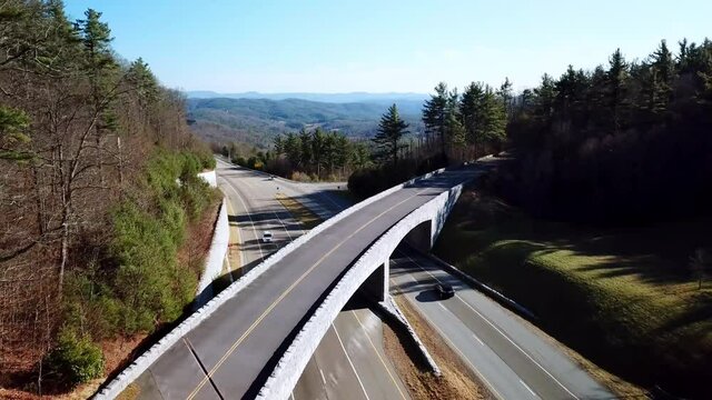 aerial pullout blue ridge parkway bridge near boone and blowing rock nc, north carolina