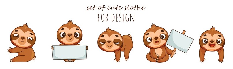 Set of cute sloth for design. Vector cartoon character holding blank banner, poster, peeping, hanging, hugging. 