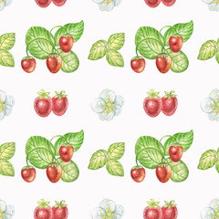 Watercolor seamless pattern with strawberry,strawberry leaf and flower isolated on white background.Good for fabrics,textile and much more.