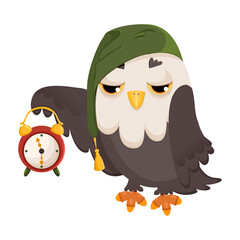 Cute sleepy owl in a hat for sleeping with a watch. Vector cartoon clipart isolated on a white background.