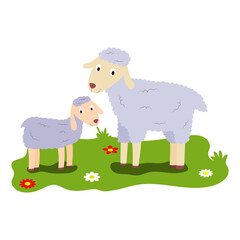 Obraz na płótnie Canvas Cute cartoon illustration of mom and kids, farm animal sheep and calf. Vector isolated on a white background.