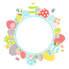 Round frame of Easter egg composition. Vector illustration isolated on a white background for design, cards and invitation
