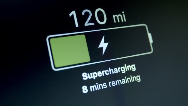 Super Fast Charging Progress in Miles Of Electric Car Battery On Dashboard Panel
