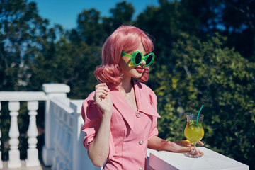 cheerful woman outdoor landscape leisure restaurant Drinking alcohol