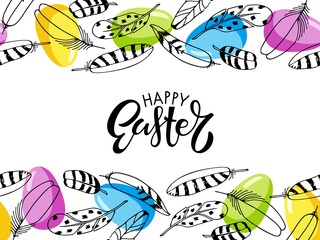 Seamless Border with Feathers and bright painted eggs and handwritten Happy Easter calligrapty lettering. Black and white feathers and colored eggs. Vector repeated background for easter holiday