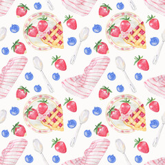Watercolor seamless food pattern with strawberry,blueberry,kitchen towel,spoon,strawberry pie and plate isolated on white background.For fabrics,textile,cookbook,menu design and more.