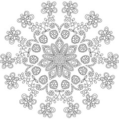 Mandala for relaxation, rest. Round monochrome pattern of floral elements for coloring and cover.